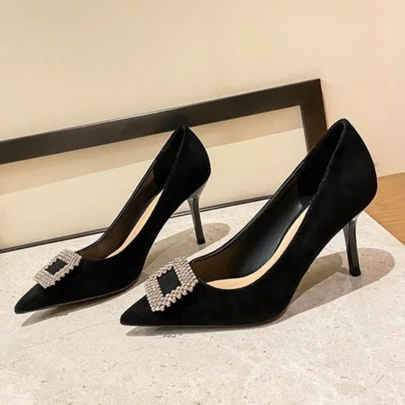 New velvet fine heel rhinestone cubes with pointed shallow mouth shoes - Picture 1 of 5